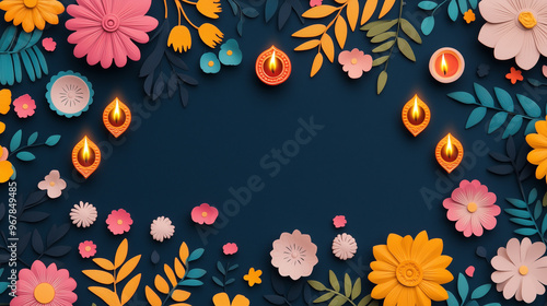 Decorative flowers and candles on dark background for festive celebration