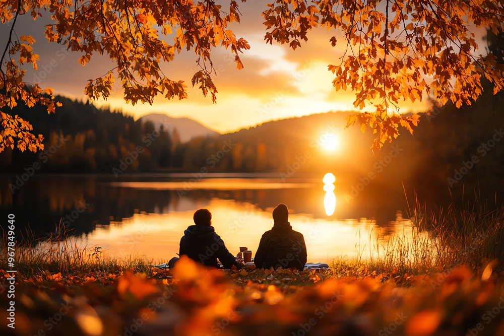 A tranquil sunset scene with two people enjoying nature by a lake surrounded by autumn leaves. A tranquil sunset scene with two people enjoying nature by a lake surrounded by autumn leaves.