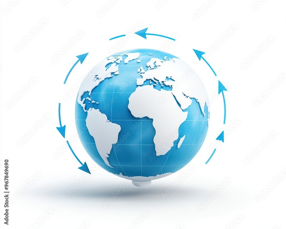 Naklejka premium Stylized globe with arrows representing global connectivity and world travel, perfect for concepts of geography and internationalization.