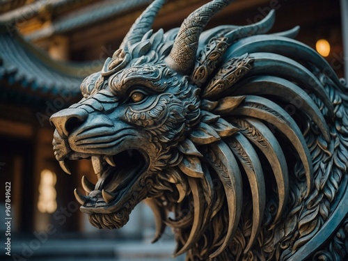 An intricate statue of a mythical beast, showcasing cultural craftsmanship.