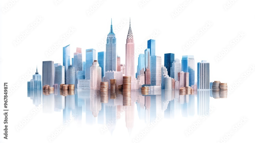 Stunning city skyline featuring iconic skyscrapers and modern architecture, reflecting in calm waters. Perfect for urban themes. Stunning city skyline featuring iconic skyscrapers and modern architecture, reflecting in calm waters. Perfect for urban themes.