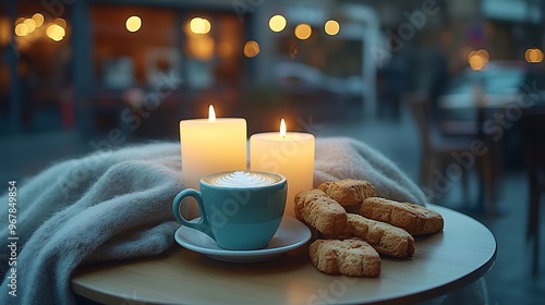 Wallpaper Mural Candlelight softly illuminating a coffee shop table, with a cup of coffee and biscotti, a wool blanket draped over a chair, flickering candles creating a warm, cozy atmosphere, Torontodigital.ca
