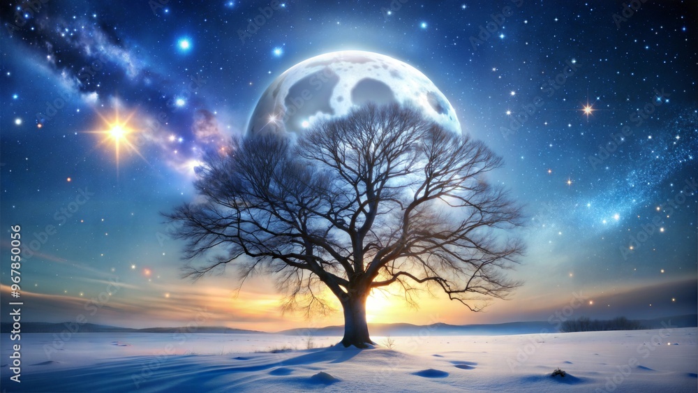 Majestic tree silhouette against a starry night sky with a large moon and cosmic elements
Majestic tree silhouette against a starry night sky with a large moon and cosmic elements