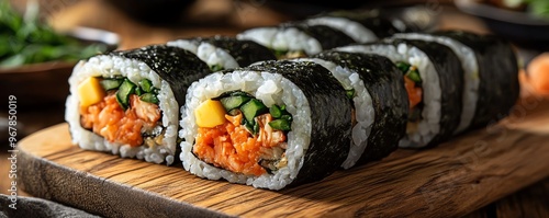 Handrolled gimbap slices arranged on a wooden board, Korean sushi, traditional craftsmanship photo