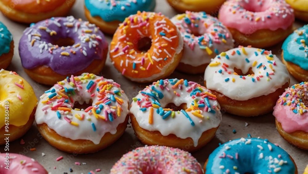 Assorted mini donuts with sprinkles and frosting Assorted mini donuts with sprinkles and frosting