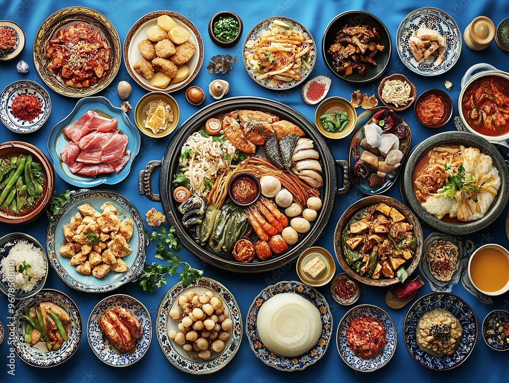 Korean royal court cuisine with elaborate dishes on a royal blue tablecloth, Korean history, culinary tradition Korean royal court cuisine with elaborate dishes on a royal blue tablecloth, Korean history, culinary tradition
