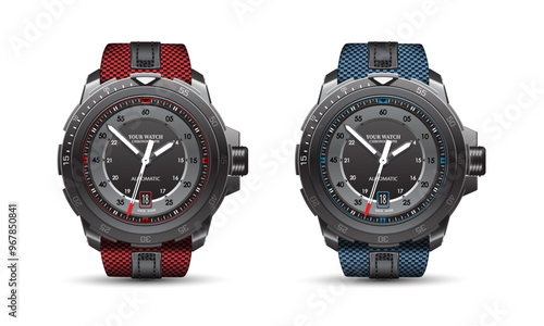 Realistic watch clock black steel face white arrow number with red blue fabric strap on isolated collection design classic luxury vector