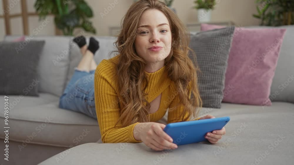 Attractive young woman with blonde hair and a yellow sweater lying on a gray couch in a cozy living room, using a blue tablet device and looking relaxed. Attractive young woman with blonde hair and a yellow sweater lying on a gray couch in a cozy living room, using a blue tablet device and looking relaxed.