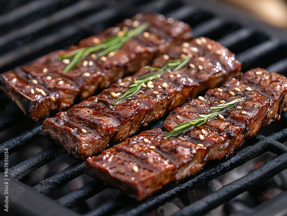 Marinated Korean beef ribs galbi grilling over charcoal, Korean BBQ, aromatic cooking Marinated Korean beef ribs galbi grilling over charcoal, Korean BBQ, aromatic cooking