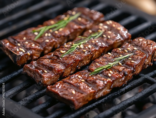 Marinated Korean beef ribs galbi grilling over charcoal, Korean BBQ, aromatic cooking photo