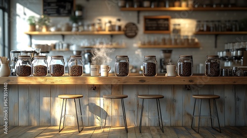 Coffee shop bar with wooden counters, a line of steaming espresso cups, glass jars filled with roasted coffee beans, bar stools arranged neatly, soft golden light casting a warm,