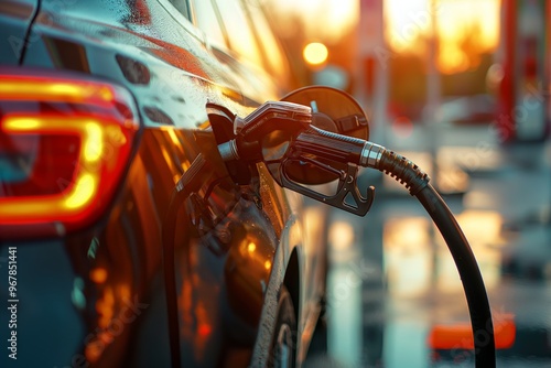 Refuel cars at the fuel pump. The driver hands, refuel and pump the car's gasoline with fuel at the petrol station. Car refueling at a gas station Gas station