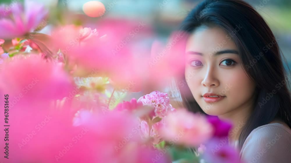 pretty Asian woman smiling surrounding with pink flowers at flower shop pretty Asian woman smiling surrounding with pink flowers at flower shop