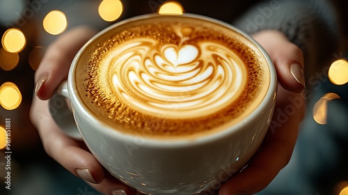 Detailed shot of a barista holding a cappuccino with perfect latte art, the background softly blurred with bokeh café lights, highlighting the smooth swirls and precise design on the foam,