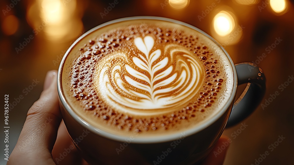 Focus on a cappuccino with intricate latte art, barista’s hand visible, softly blurred background filled with warm tones and soft lighting, the foam art perfectly crafted and sharply focused, Focus on a cappuccino with intricate latte art, barista’s hand visible, softly blurred background filled with warm tones and soft lighting, the foam art perfectly crafted and sharply focused,