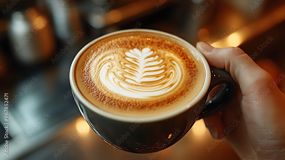 Focused shot on a cappuccino with intricate latte art, the barista’s hand visible holding the cup, soft light illuminating the design, blurred café background creating a cozy, intimate feel, Focused shot on a cappuccino with intricate latte art, the barista’s hand visible holding the cup, soft light illuminating the design, blurred café background creating a cozy, intimate feel,