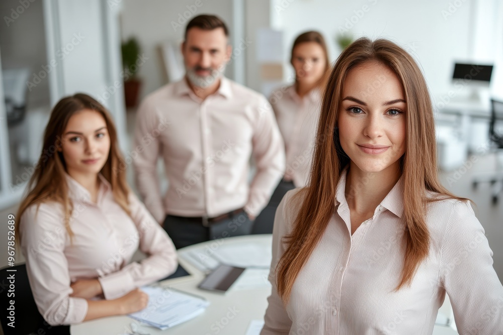 Focus on a portrait of a female office worker standing confidently in an office. They are wearing flesh-colored clothes. Background of other employees. Generative AI Focus on a portrait of a female office worker standing confidently in an office. They are wearing flesh-colored clothes. Background of other employees. Generative AI