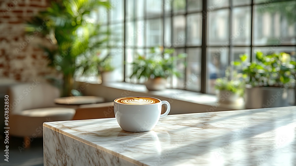 Minimalist coffee shop with a smooth marble counter, a single coffee cup placed neatly on top, natural light streaming in through large windows, the décor simple and clean, Minimalist coffee shop with a smooth marble counter, a single coffee cup placed neatly on top, natural light streaming in through large windows, the décor simple and clean,
