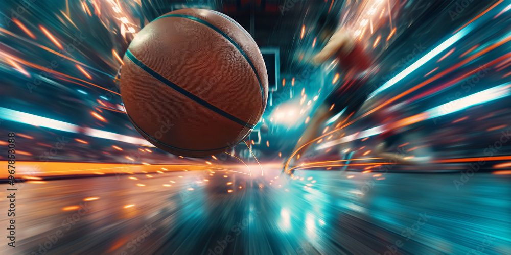 Blurred in motion a thrown ball during a basketball match in the arena. Blurred basketball players around. Blurred in motion a thrown ball during a basketball match in the arena. Blurred basketball players around.