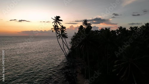 Aerial view of a serene tropical island at sunset with palm trees and the ocean, Tuamasaga, Samoa. photo