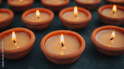 Wallpaper Mural A serene arrangement of glowing candles in clay pots, creating a warm and inviting atmosphere for relaxation and meditation. Torontodigital.ca