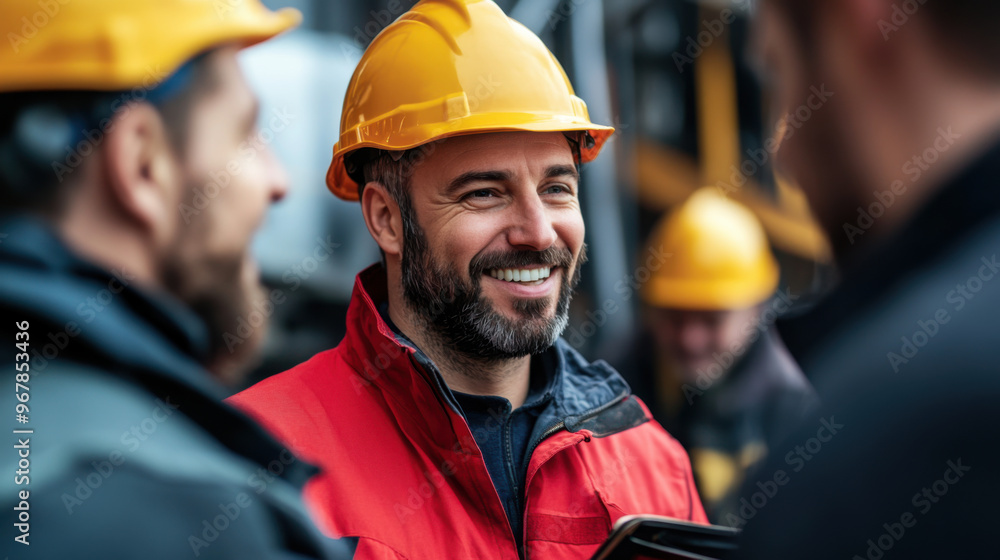 A smiling construction worker in a yellow hard hat and red jacket engages in discussion with colleagues on an outdoor jobsite. A smiling construction worker in a yellow hard hat and red jacket engages in discussion with colleagues on an outdoor jobsite.