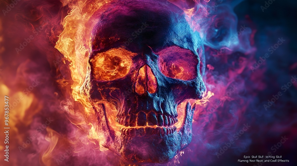 Skull surrounded by neon flames and glowing bones creating a fiery and dramatic dark display. Skull surrounded by neon flames and glowing bones creating a fiery and dramatic dark display.