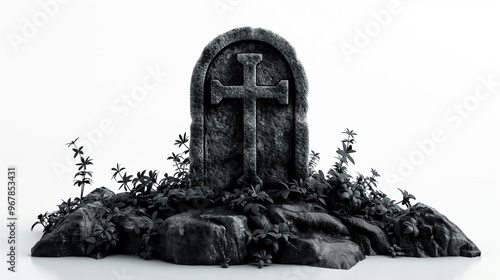 Spooky graveyard scene with cross, Halloween Spooky Gravestone.