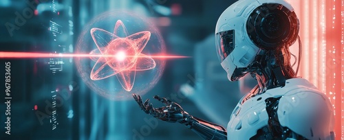 A robot with artificial intelligence creates a futuristic atom (molecule) of a new substance or chemical element in the universe, scientific progress and biotechnology
