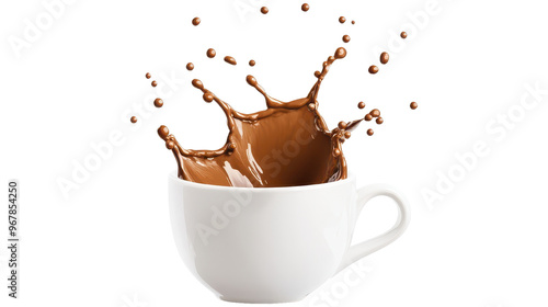 A dynamic splash of chocolate in a white cup, capturing the essence of indulgence and excitement in every droplet.