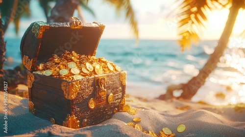 A pirate-themed chest overflowing with gold coins and jewels on a sandy beach. photo