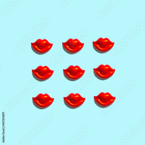 Red plastic lips on blue background.  Love and fashion concept. Flat lay.
