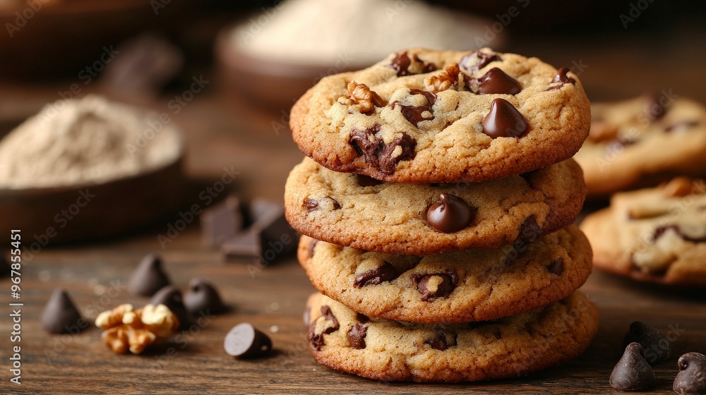 Close-Up of Homemade Chocolate Chip Cookies with Walnuts Close-Up of Homemade Chocolate Chip Cookies with Walnuts