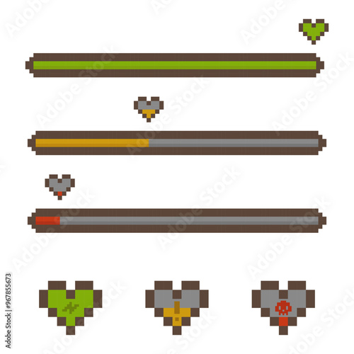 Life bars gaming pixel art set, heart bar with status gaming elements 8 bit style