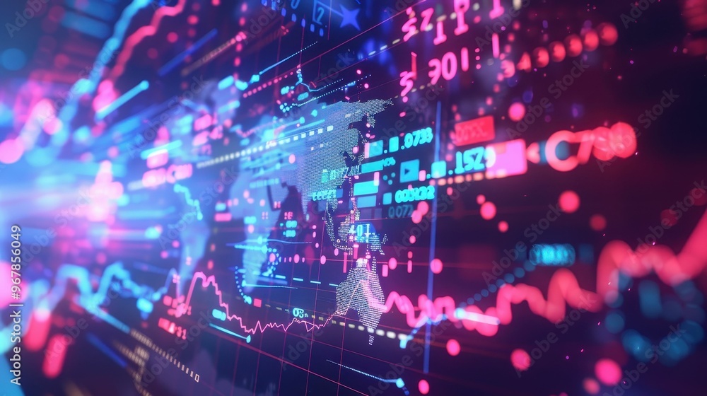 Obraz premium Abstract digital background showing a world map with financial data and graphs. A vibrant representation of global finance and technology.