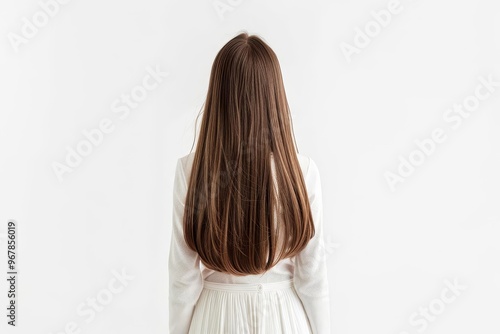 Woman with long brown hair from behind, white background, isolated on a white background.