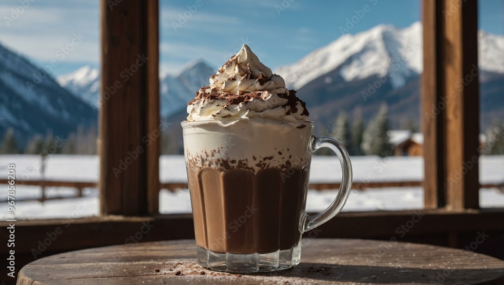 Bombardino with whipped cream and cocoa dust, near a mountain lodge window. Bombardino with whipped cream and cocoa dust, near a mountain lodge window.