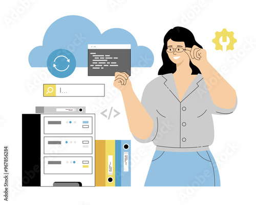 Cloud Hosting Computing Service. Cloud Storage Technology. Woman engineer working with servers and databases, backup information. Vector illustration on isolated white background.