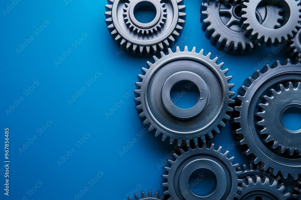 Metal gears arranged on a blue background, symbolizing teamwork and efficiency. Metal gears arranged on a blue background, symbolizing teamwork and efficiency.