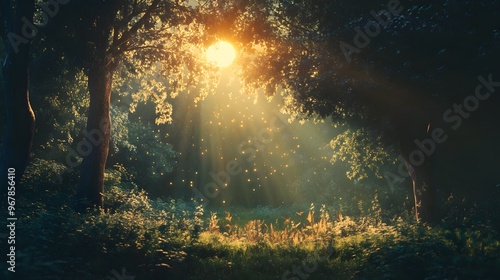 Enchanted Forest Golden Rays of Sunlight Dapple Through the Trees