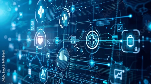 Abstract digital healthcare concept with icons on a blue background.