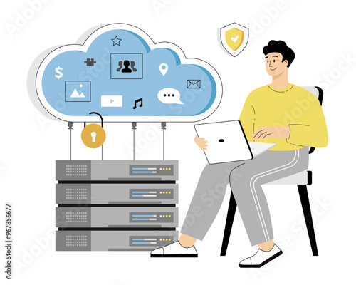 Cloud Storage, Data Backup, File Sharing. Online cloud storage with secure access. Man downloading and uploading files and documents. Vector illustration on isolated white background.