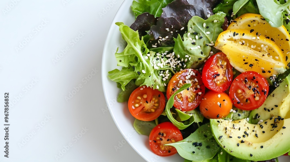 Colorful Salad Bowl
A vibrant salad with leafy greens, cherry tomatoes, avocado slices, and a sprinkle of seeds on a white plate. Colorful Salad Bowl
A vibrant salad with leafy greens, cherry tomatoes, avocado slices, and a sprinkle of seeds on a white plate.
