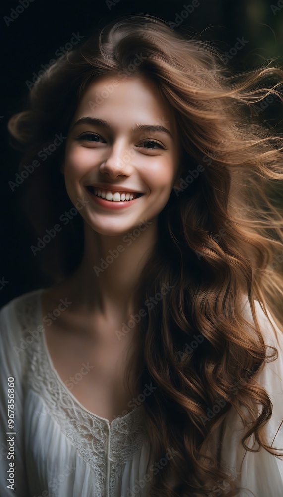 A smiling young woman with flowing hair in a soft-lit portrait. A smiling young woman with flowing hair in a soft-lit portrait.