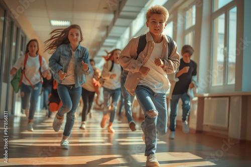 School kids running in elementary school hallway. shooting. danger and shooting at school. students run and save themselves