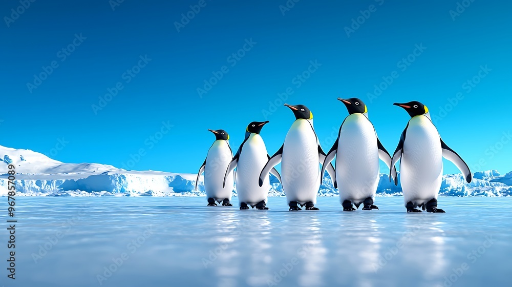 Fototapeta premium Five penguins walk across the icy landscape of Antarctica, surrounded by snow and sky.