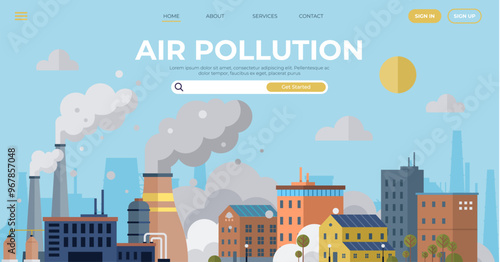 Air pollution vector illustration. Pollutions silent invasion is threat to delicate threads our ecological fabric Emission control is guardian angel shielding our atmosphere from devil pollution