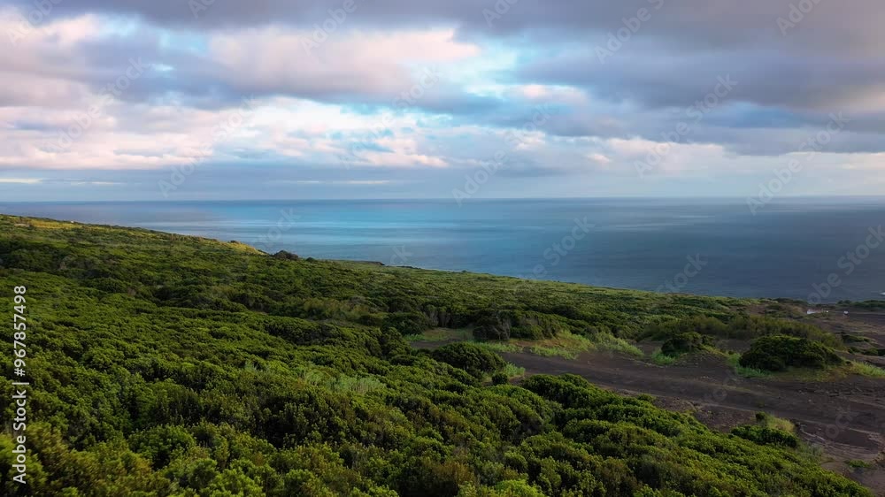 Aerial view of lush greenery and rugged hills meeting the azure ocean under an overcast sky, Faial, Azores, Portugal. Aerial view of lush greenery and rugged hills meeting the azure ocean under an overcast sky, Faial, Azores, Portugal.
