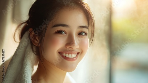Happy smiling young Asian woman wearing towel on head while looking at camera near window Free Download Happy smiling young Asian woman wearing towel on head while looking at camera near window - GFXLoad