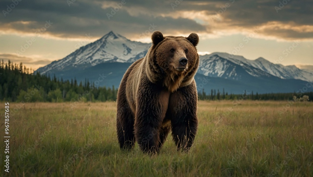 Brown bear standing tall in a grassy field, showing off its size and dominant presence. Brown bear standing tall in a grassy field, showing off its size and dominant presence.